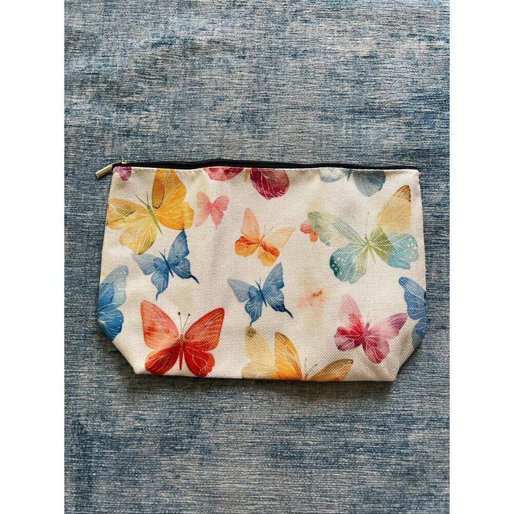Rainbow Colors Butterflies Cotton Canvas Small Makeup Bag Travel Toiletry Pouch